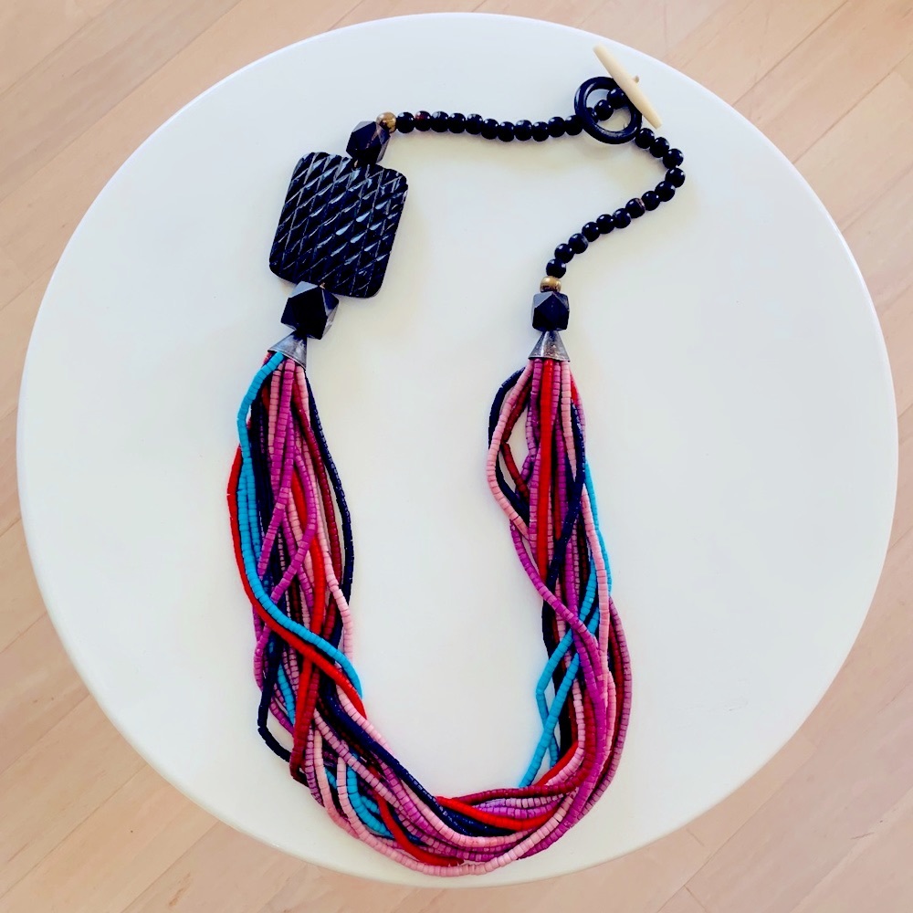 Vintage Gerda Lynggaard Multi Strand Coconut Shell Statement Necklace Black Pink